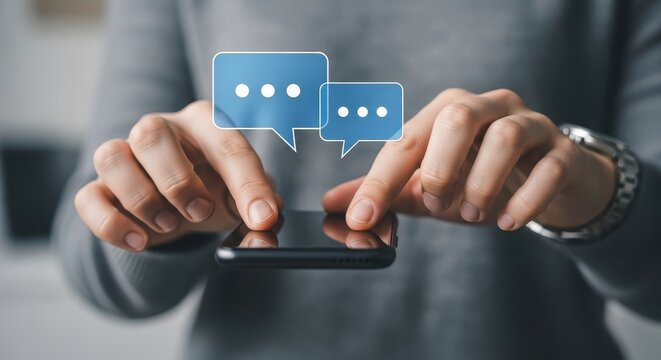 Close up of person using smartphone with speech bubbles for online communication