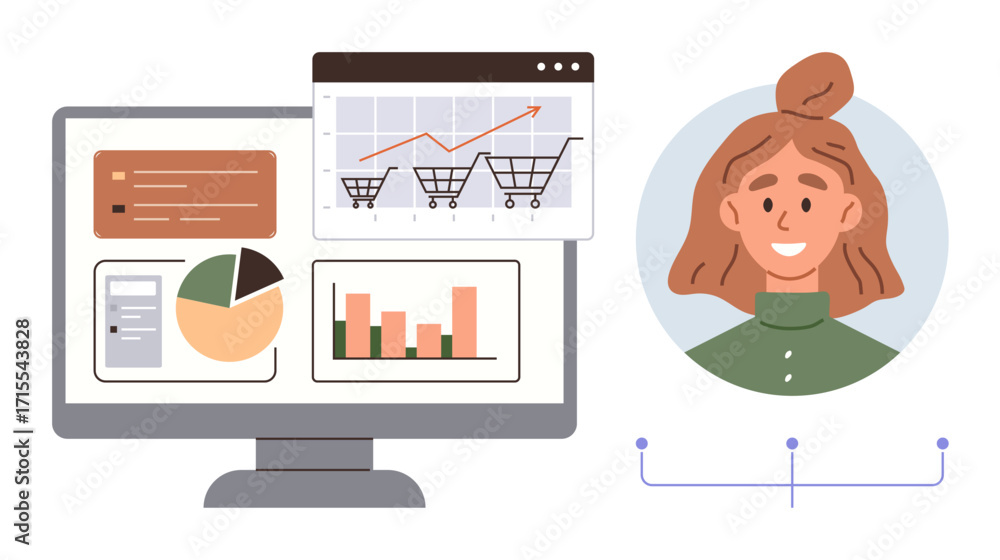 Poster dashboard on desktop displaying sales charts, graphs, and analytics next to a smiling female user pr