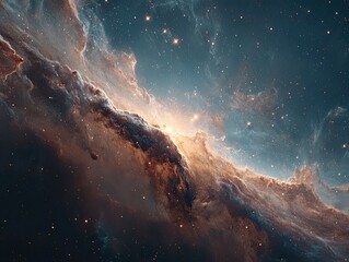 Cosmic nebula, swirling clouds of gas and dust, stars scattered