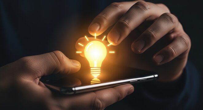 Hand holding light bulb on smart phone, concept of idea, innovation and inspiration - Powered by Adobe