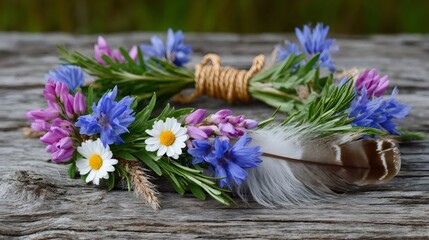 Wildflowers and feather creating a rustic nature wreath