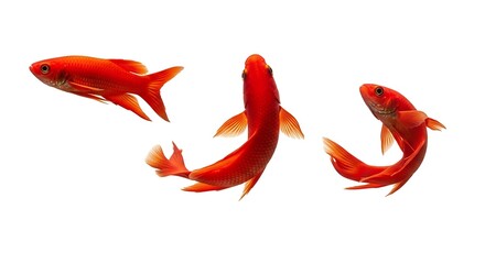 Three vibrant red goldfish swimming gracefully against a pristine white background.