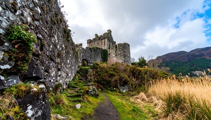 Ancient stone castle, overgrown path, dramatic sky