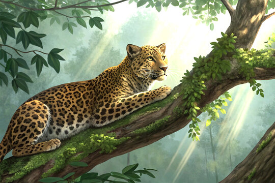 Leopard resting on tree branch with intense gaze and detailed fur patterns