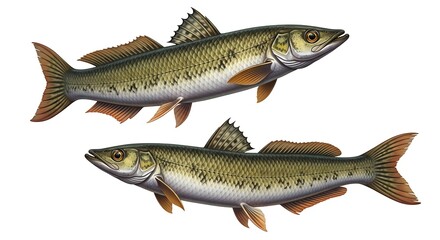 Fototapeta premium Two detailed illustrations of fish swimming in the water.