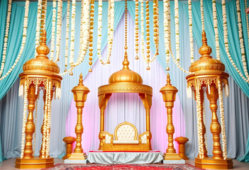  Mandap-inspired background with golden dome structures, cascading jasmine strings, and pastel teal curtains.