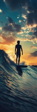 silhouette of man surfer o surfboard surfing waves i summer. Sunny landscape wde panorama of sea