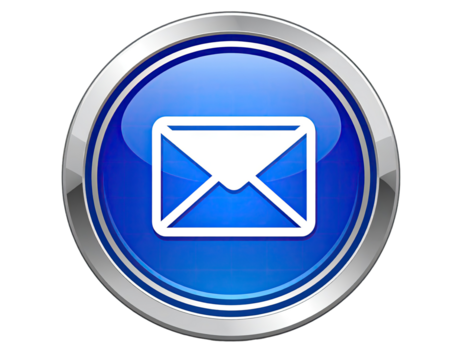 Glossy blue circular button with a white envelope icon.  Metallic silver border - Powered by Adobe