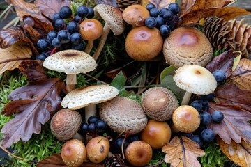 Autumn forest gathering featuring mushrooms and berries