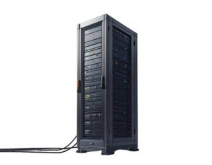 Gray server rack, angled view, showing numerous components and lights