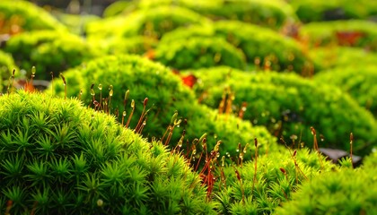Close-up view of vibrant green moss, glistening with morning dew drops, showcasing intricate details of the plant's structure.