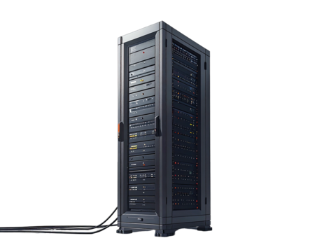 Gray server rack, angled view, showing numerous components and lights