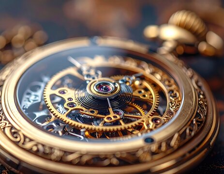 Ornate Gold Pocket Watch with Intricate Gears on Dark Textured Surface in Sharp Focus