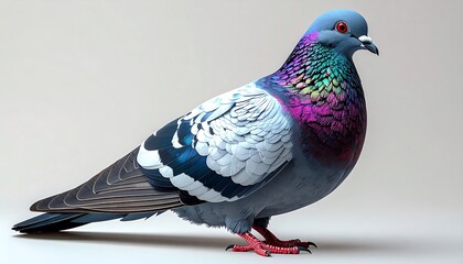 A digitally rendered pigeon displays vibrant plumage, exhibiting a variety of colorful feathers in a sophisticated  setting.