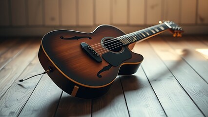 Naklejka premium A vintage guitar resting on a wooden floor, highlighted by warm lighting from the side.