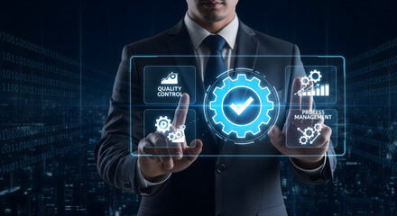 Business leader interacts with digital interface for quality control and process optimization