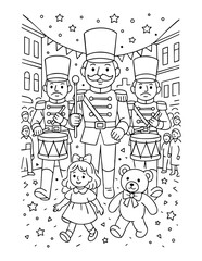 christmas coloring page nutcracker parade marching soldiers girl teddy bear festive holiday outline illustration