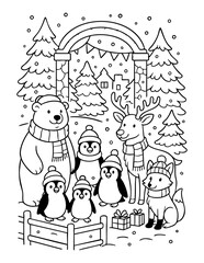 Obraz premium black and white christmas coloring page featuring a bear reindeer fox and penguins in winter forest wearing scarves and hats with gifts snow and decorated arch festive holiday illustration