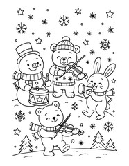 Fototapeta premium black and white christmas coloring page featuring a snowman with drum and cute animals playing violin and trumpet in winter forest with falling snowflakes outline illustration