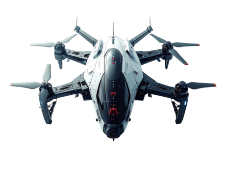 Futuristic drone, top-down view, sleek white and dark gray design, multiple rotors, advanced technology