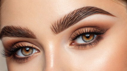 Obraz premium Microblading eyebrow creates natural-looking brows. Close-up of a woman's face highlighting her striking eyes and well-defined eyebrows.
