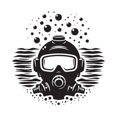 diving helmet on the ocean floor with bubbles vector silhouette outline logo design concept illustration