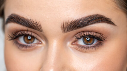 Microblading eyebrow creates natural-looking brows. Close-up of a woman's face showcasing defined eyebrows and captivating eye makeup.