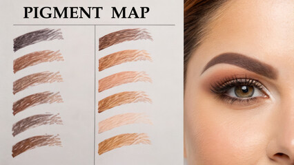 Microblading eyebrow creates natural-looking brows. Beauty pigment map showcasing various eyebrow shades alongside a striking eye detail.