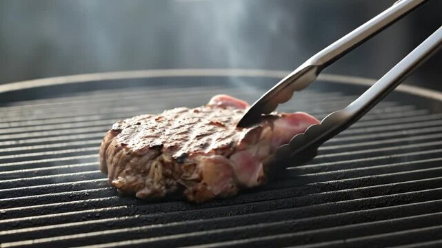 A delicious, thick cut of beef is expertly flipped on a hot, smoking barbecue grill with metal tongs. This mouth-watering close-up captures the savory process of outdoor cooking, perfect for a summer 