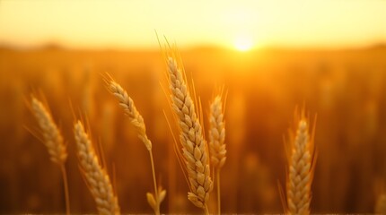 Fototapeta premium Close-up of Ripe Wheat Stalks in a Field During a Golden Sunset