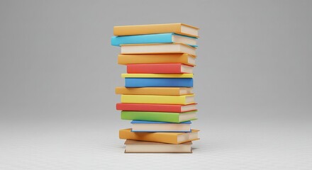 A tall stack of colorful books, arranged vertically, with various hues visible on the spines.