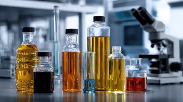 Colorful lab bottles and glassware on a table