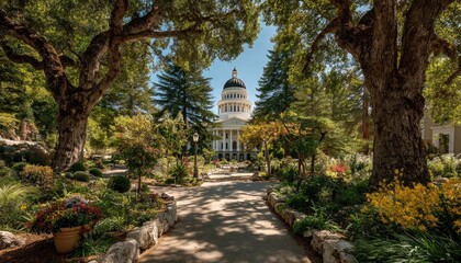 State Capitol building, lush gardens, sunny day