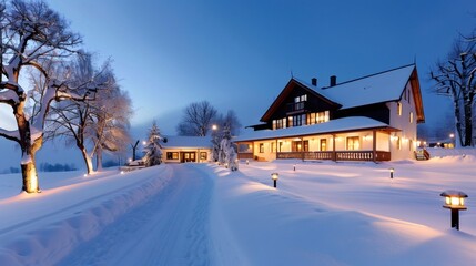 Luxurious mountain chalet illuminating snowy landscape at dusk