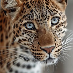 Obraz premium Close-up of a Leopard's Face with Intense Blue Eyes and Spotted Fur in Natural Light