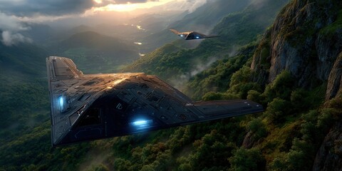 Futuristic stealth aircraft soaring over lush green mountains during a stunning sunset flight