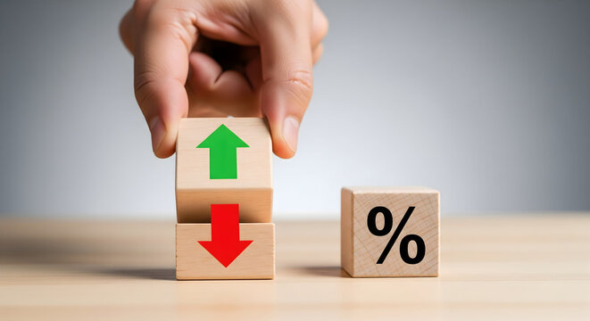 Hand stacks cubes showing up and down arrows next to percentage symbol