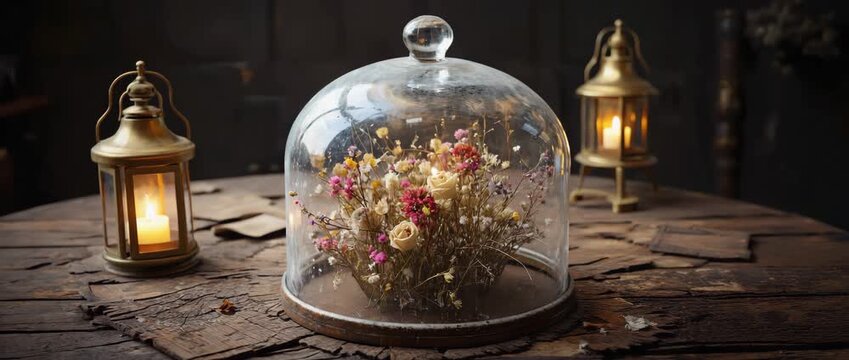 Dry floral arrangement under glass dome with lanterns, nostalgic romantic still life for wide website banner and cozy seasonal design