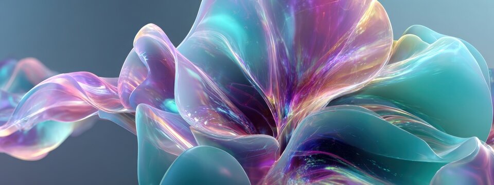 Surreal fluid shapes merge in holographic cyan and magenta