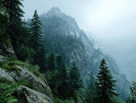 Misty mountain range with lush greenery