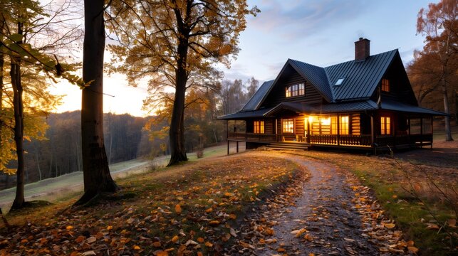 Cozy wooden cabin glowing at sunset in autumn forest
