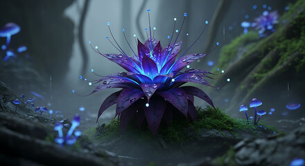 Bioluminescent Fantasy Flower in Misty Forest