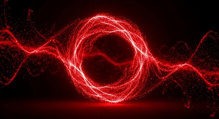 A vibrant, swirling design of luminous red particles forms a circular pattern against a deep black background.