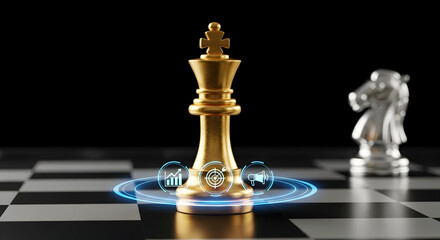 Golden king chess piece with business strategy icons on board