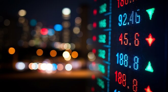 Close-up of Stock Market Board Displaying Financial Data Against a Blurred City Background at Night