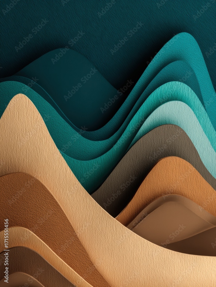 Poster an elegant abstract background image with layered paper waves of teal blue and tan colors, showing d