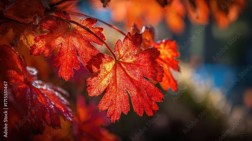 Poster vivid sunlight filters through bright red and orange fall leaves on tree branches creating a warm an