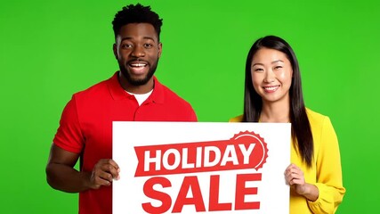 Joyful diverse couple enthusiastically announces massive holiday sale, promoting festive savings and shopping excitement - Powered by Adobe