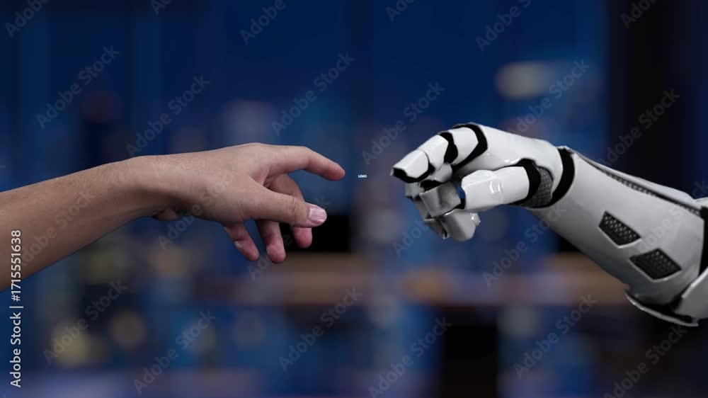 Aufkleber a visual representation of the interaction between a human hand and a robotic arm, featuring a loadi
