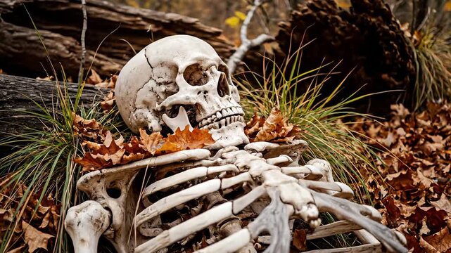 Weathered Human Skeleton On Autumn Forest Floor Forensic Scene